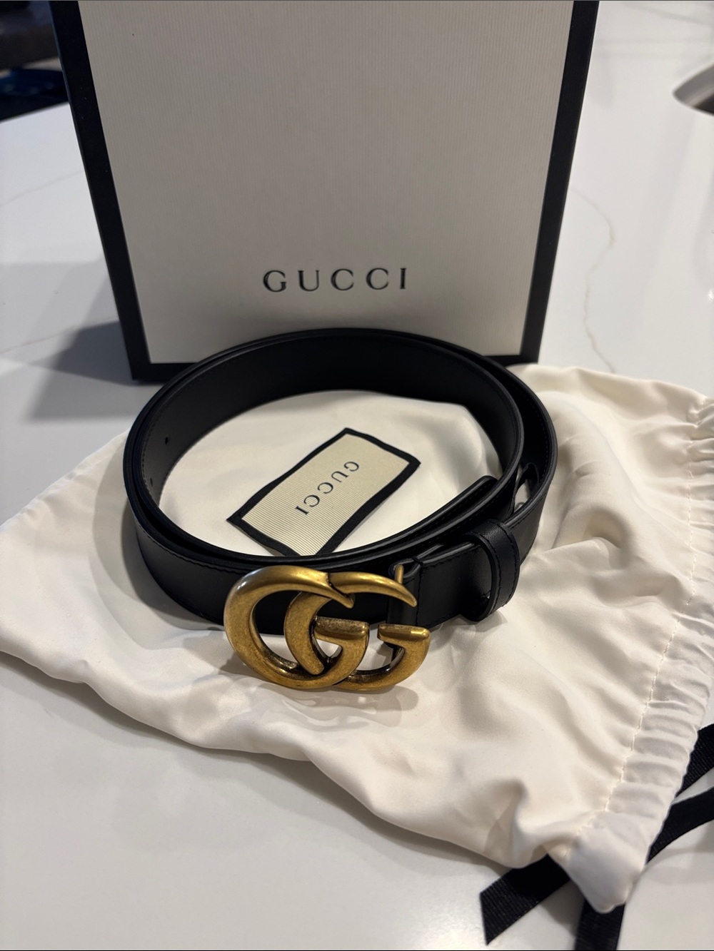Gucci Black Leather Belt with Aged Gold Double G Buckle